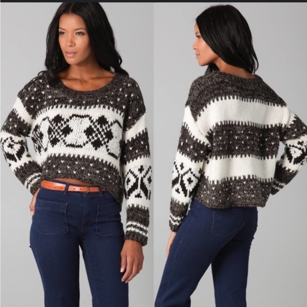 Free People Black and Cream Fair-isle Oversized Cropped Sweater
